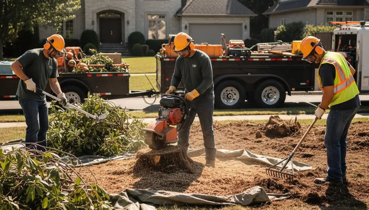 Tree service crew removing overgrown shrubs in Olathe, KS for a clean, open yard