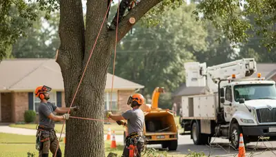 Tree removal crew safely clearing a dead tree in Olathe, KS
