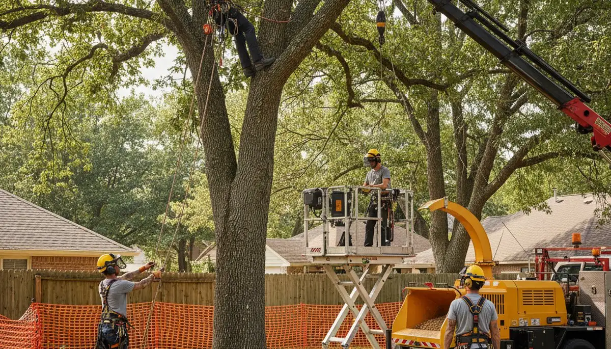 Olathe, KS tree removal crew safely clearing a dangerous tree from a residential property
