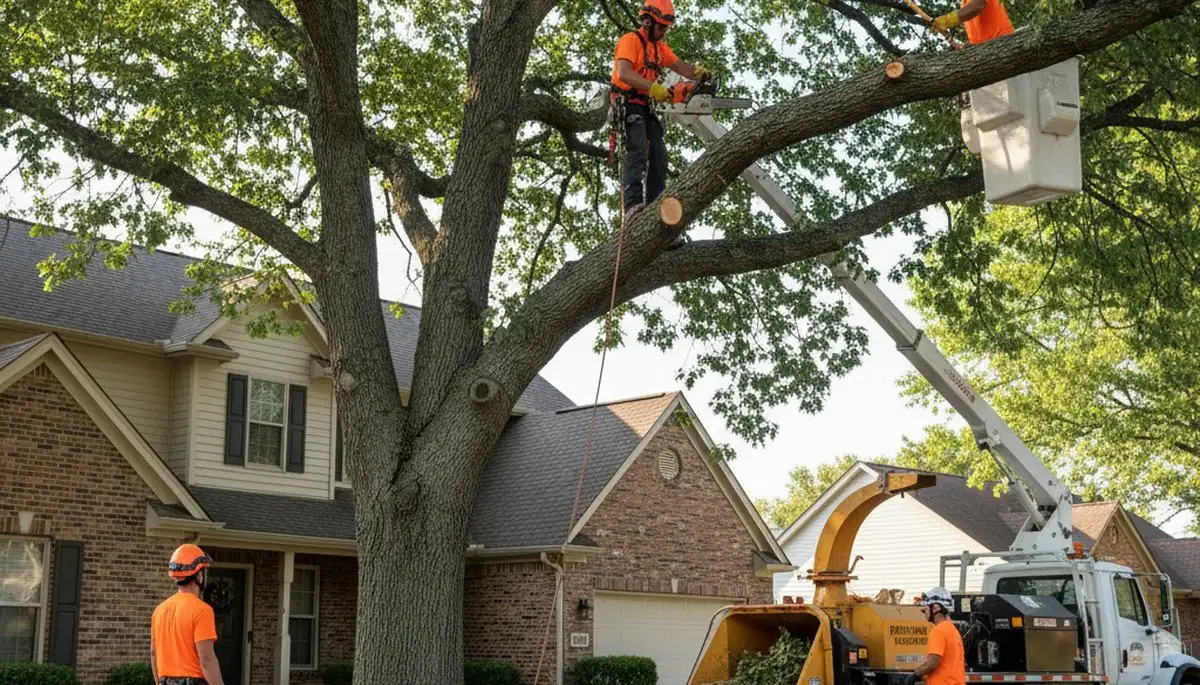 Tree service crew in Olathe, KS removing a tree for a local property