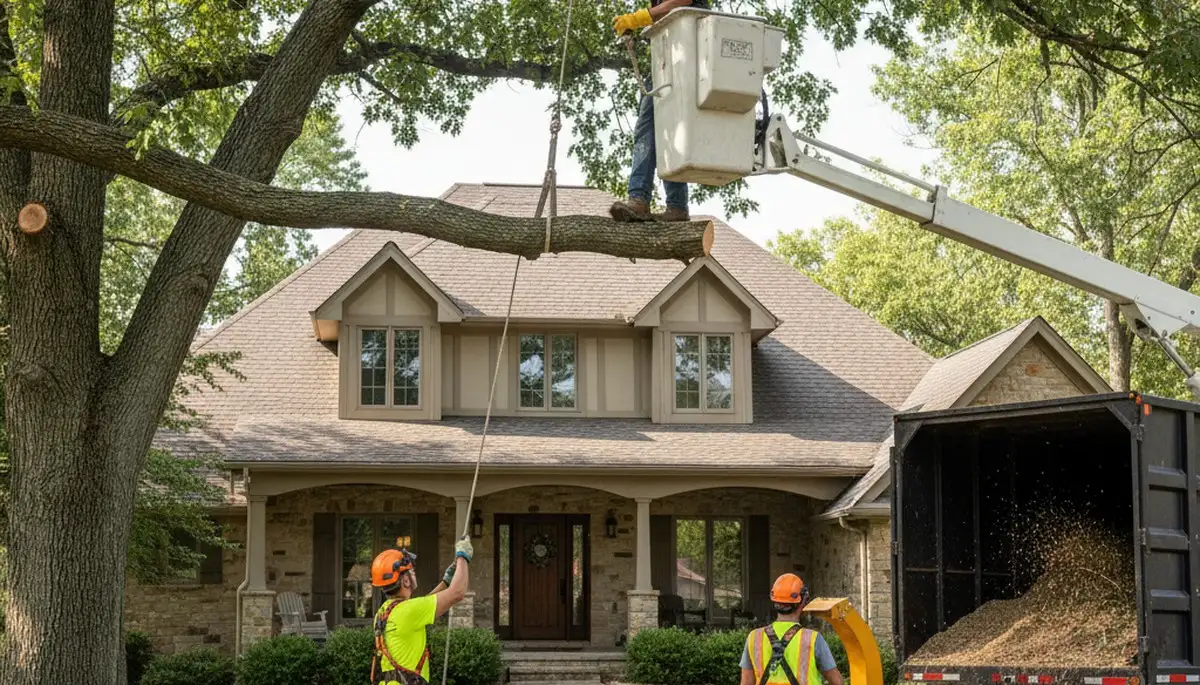 Tree service crew in Olathe, KS performing safe tree removal for a local property
