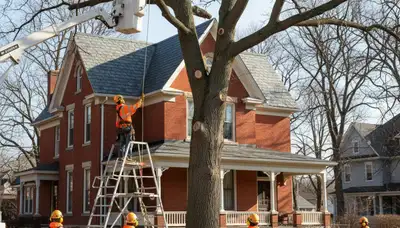 Tree service crew removing a tree in Olathe, KS for safe residential property maintenance