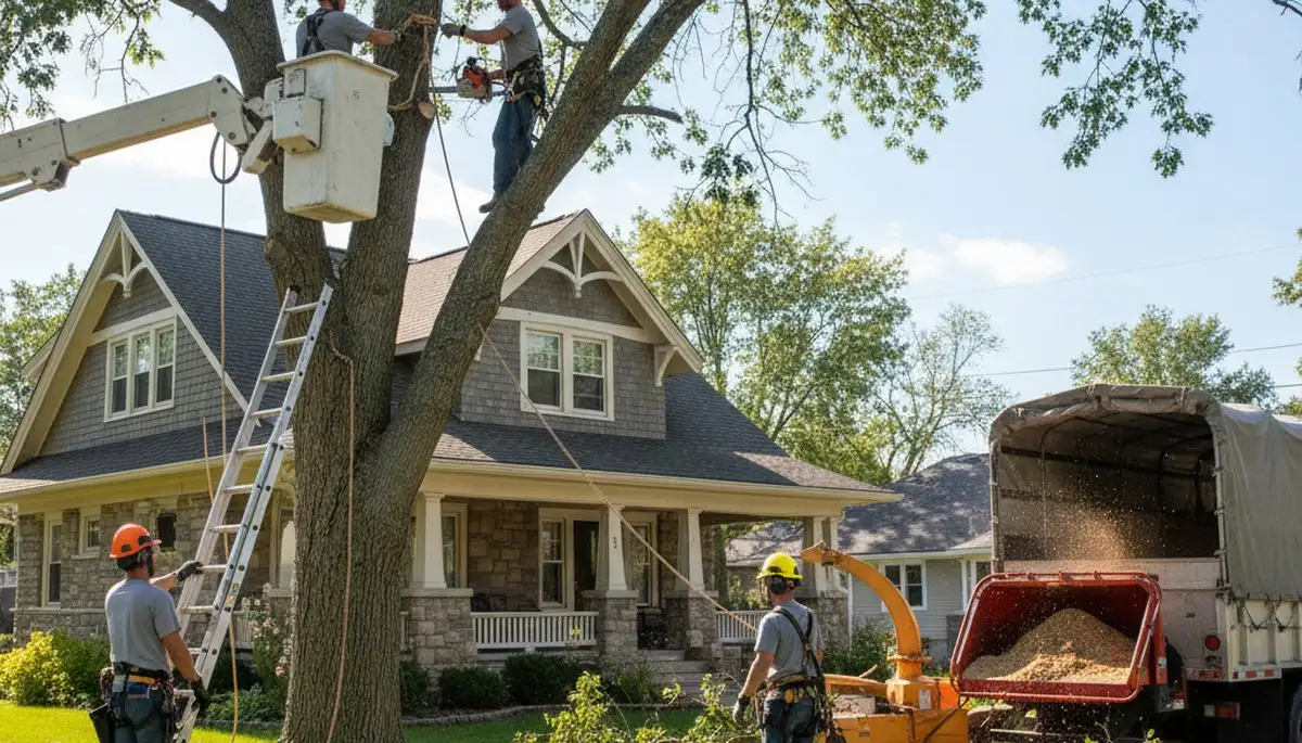 Tree service crew removing a tree in Olathe, KS, for safe residential tree removal