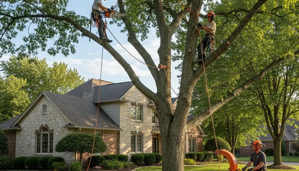 Tree service crew removing a tree in Olathe, KS for safe residential property clearance