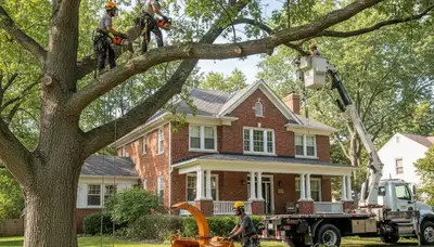 Tree service crew removing a tree in Olathe, KS for safe, professional tree removal